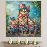 Patriotic Bengal Cat Family Oil Painting Featuring a Mother Cat and Three Kittens in Stars and Stripes Outfits and Top Hats on Ready to Hang 1.5" Thick Canvas Wrap, Floating Framed Canvas, Flat Rolled Canvas